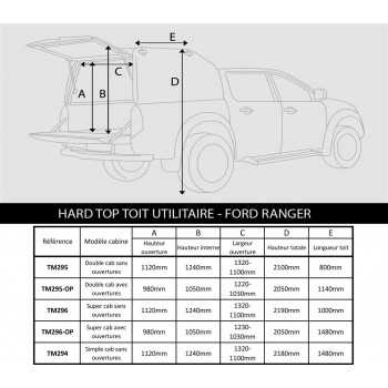 Dimensions Hard top toit haut Ford Ranger Super Cab 2012-2018