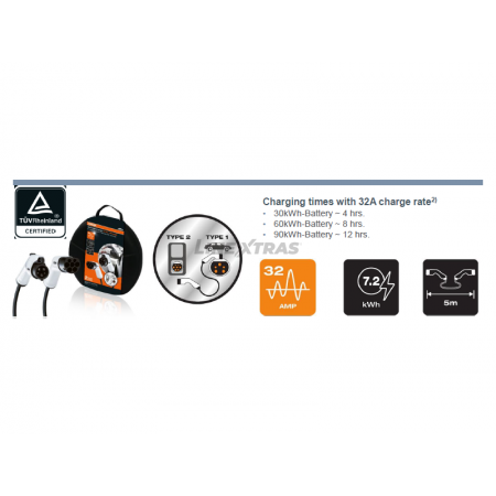 Cable EV 5 broches T2/T1 32AMP 7,2 KWH Phase-1 OSRAM