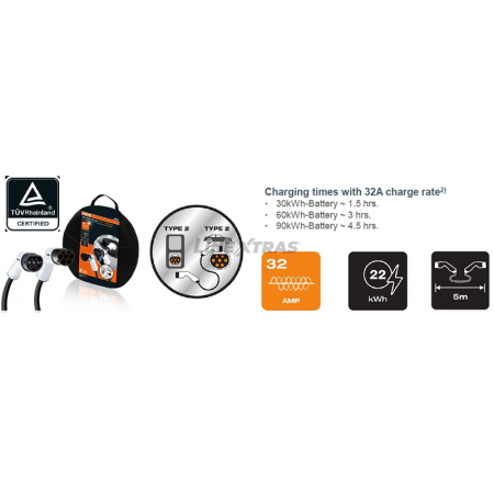 Cable EV 7 broches T2/T1 32AMP 22 KWH Phase-3 OSRAM